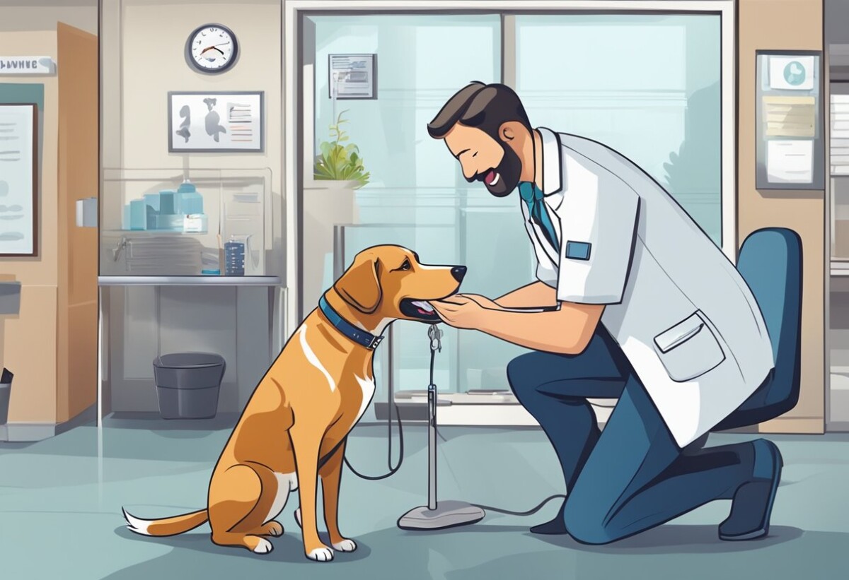 A happy dog with a wagging tail receives a check-up at the veterinarian's office, while a caring owner looks on, reassured by their Admiral pet insurance