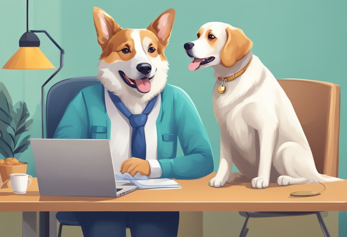 A happy dog owner submits a claim online. The insurance company quickly processes the claim and reimburses the owner for their pet's medical expenses