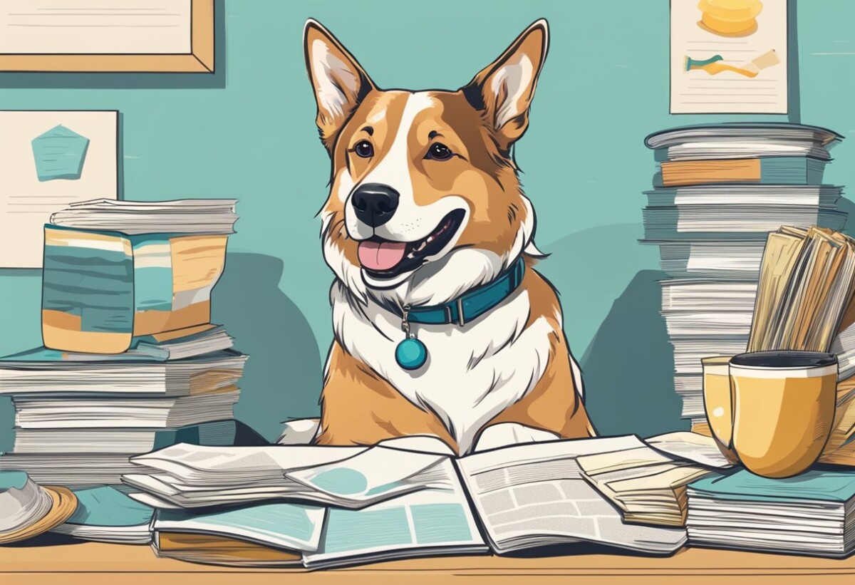 A happy dog with a wagging tail sits next to a smiling owner, both surrounded by various pet insurance policy documents and brochures