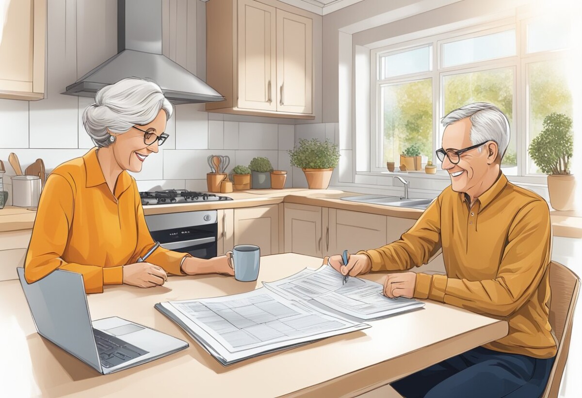 A smiling couple reviews Sainsbury's Over 50s Life Insurance policy details at their kitchen table. The Sainsbury's logo is prominently displayed on the paperwork