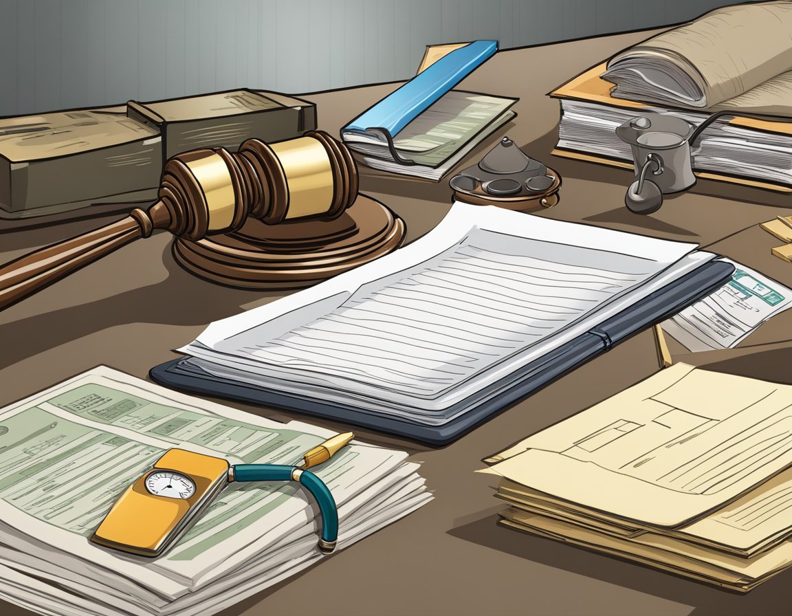 A table with legal documents and a checkbook, surrounded by a scale, gavel, and insurance policy papers