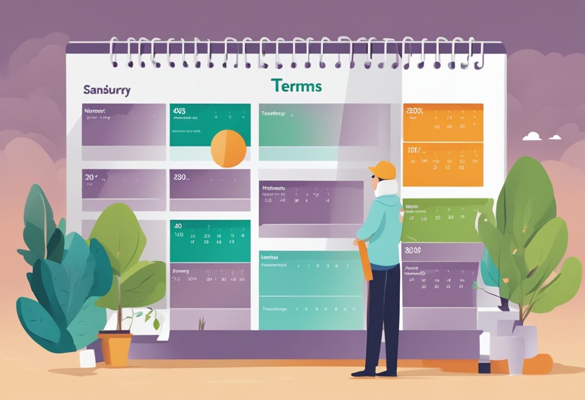 A calendar showing "Policy Duration and Terms" for Sainsbury's over 50s life insurance, with clear and concise wording, and a bold and professional design