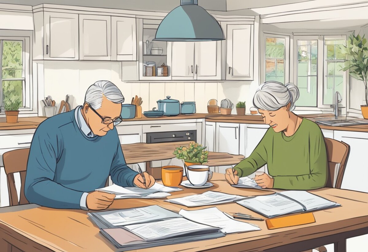 A couple sits at a kitchen table, reviewing paperwork for Sainsbury's over 50s life insurance. The table is cluttered with documents, a pen, and a cup of tea