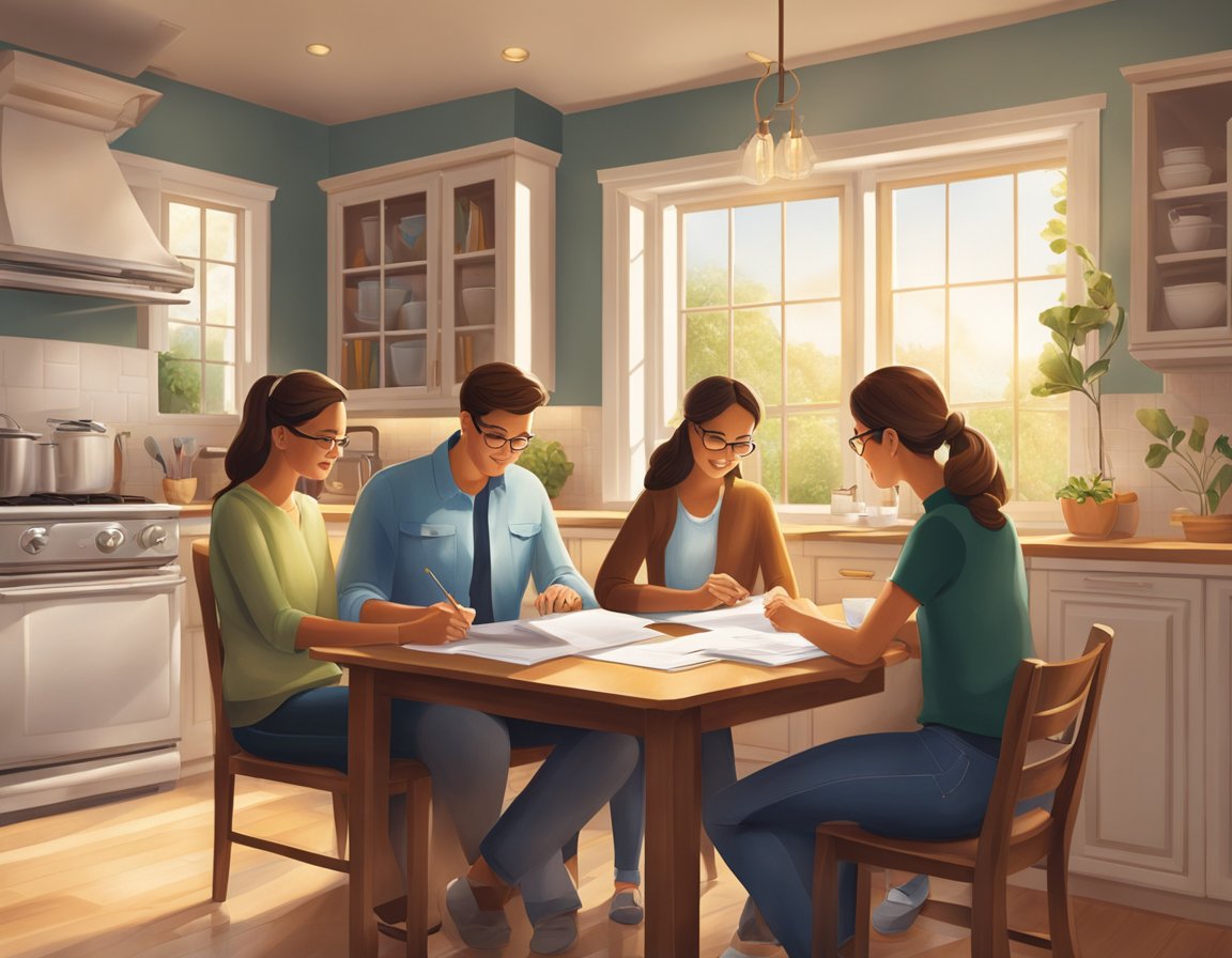 A family sits at a kitchen table reviewing legal and general life insurance documents. A warm, comforting atmosphere is evoked through the presence of homey decor and natural light streaming in through the window